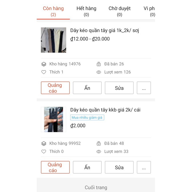 🔥🔥Dây kéo quần tây ykk, kkb, kyc giá 1k-2k/sợi