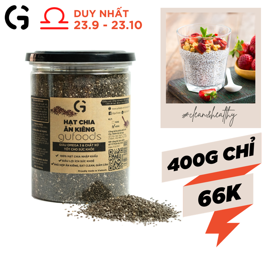 Hạt chia ăn kiêng GUfoods - Dồi dào chất xơ, Bổ sung Omega-3 hàng ngày, Eat clean, Thực dưỡng, Thuần chay (400g/100g)