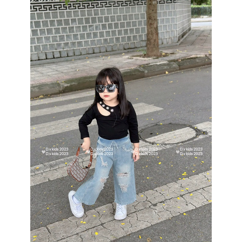 Sét áo cotton mix quần bò ống suông cho bé, chất vải mềm