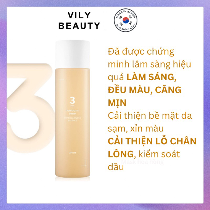 Nước hoa hồng tinh chất căng bóng da Numbuzin No.3 Super Glowing Essence Toner 200ml