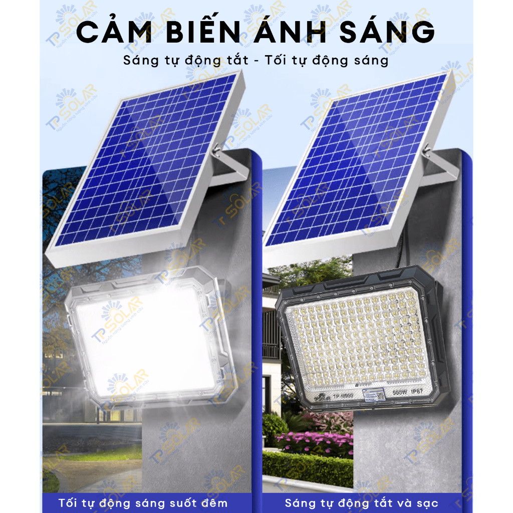 Đèn Pha Chống Chói Năng Lượng Mặt Trời TP Solar TP-N500 Công Suất 500W Cảm Biến Ánh Sáng, Chống Nước IP67,Bảo Hành 3 Năm