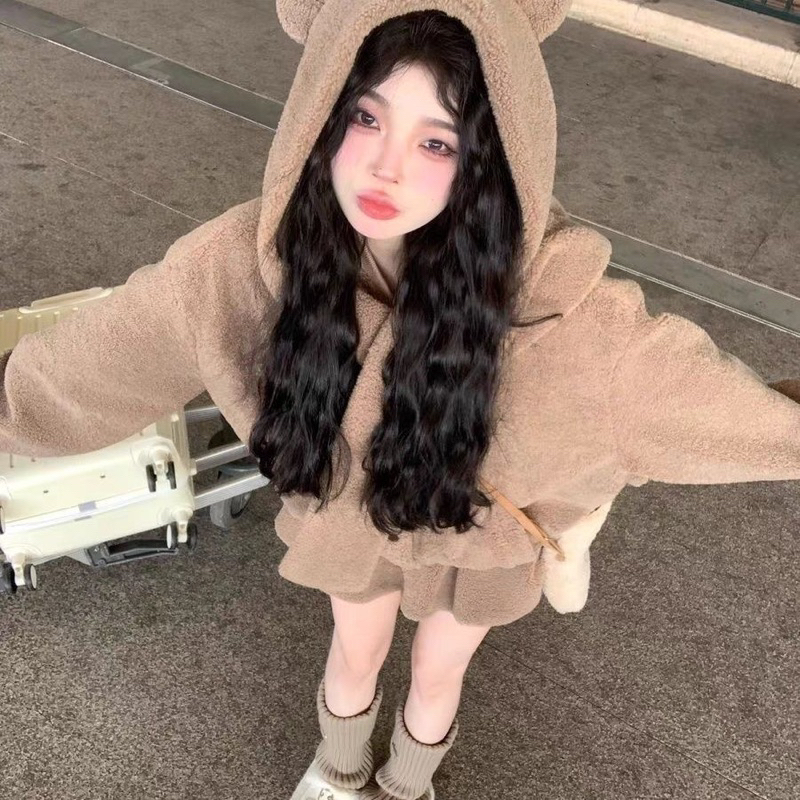 Sét chân váy và áo lông gấu đáng yêu năng động cao cấp  mũ tai gấu có thể tách dời ấm áp