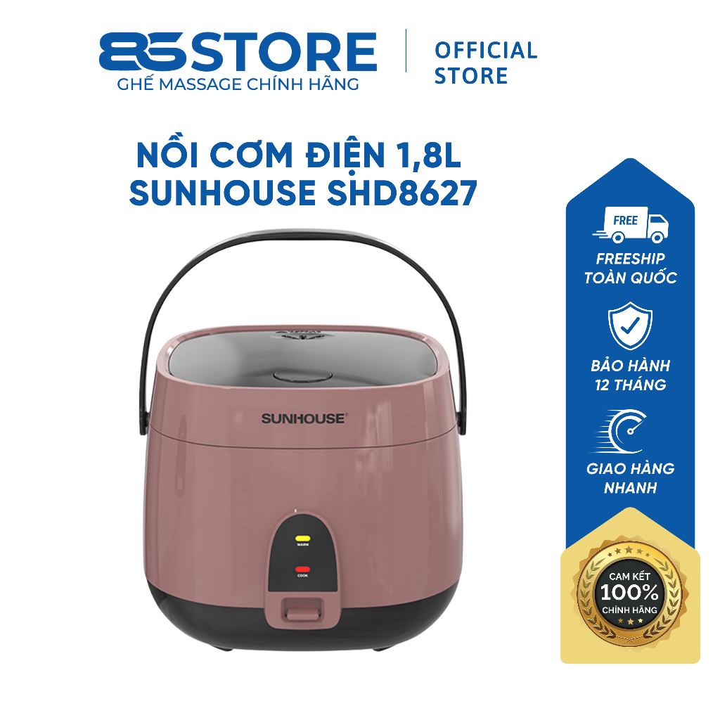 Nồi Cơm Điện SUNHOUSE SHD8627 1,8 Lít Vỏ Nhựa Cách Nhiệt Lòng Nồi Dạng Niêu Chống Dính Cao Cấp Chính Hãng