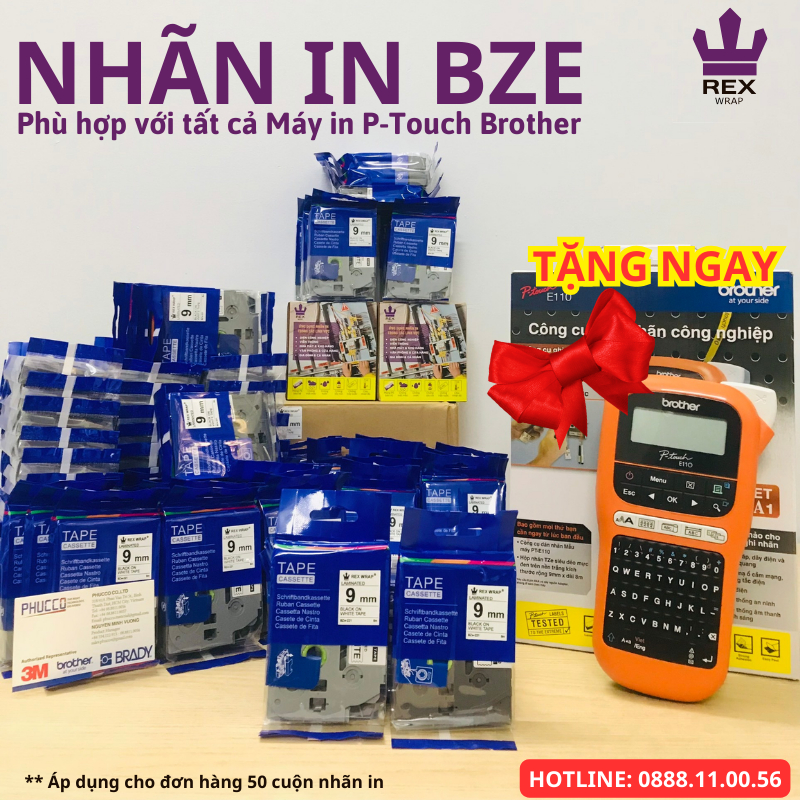 Giấy in tem nhãn - Nhãn in BZe  9mm, 12mm, 18mm, 24mm x 8m nhãn in chữ đen nền trắng, vàng, đỏ