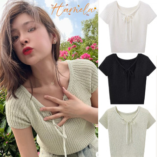 Áo len mongtoghi nữ mỏng cổ tròn buộc dây tiểu thư kèm ảnh thật - Áo len cổ tròn thắt nơ cộc tay chất len xốp Hamela