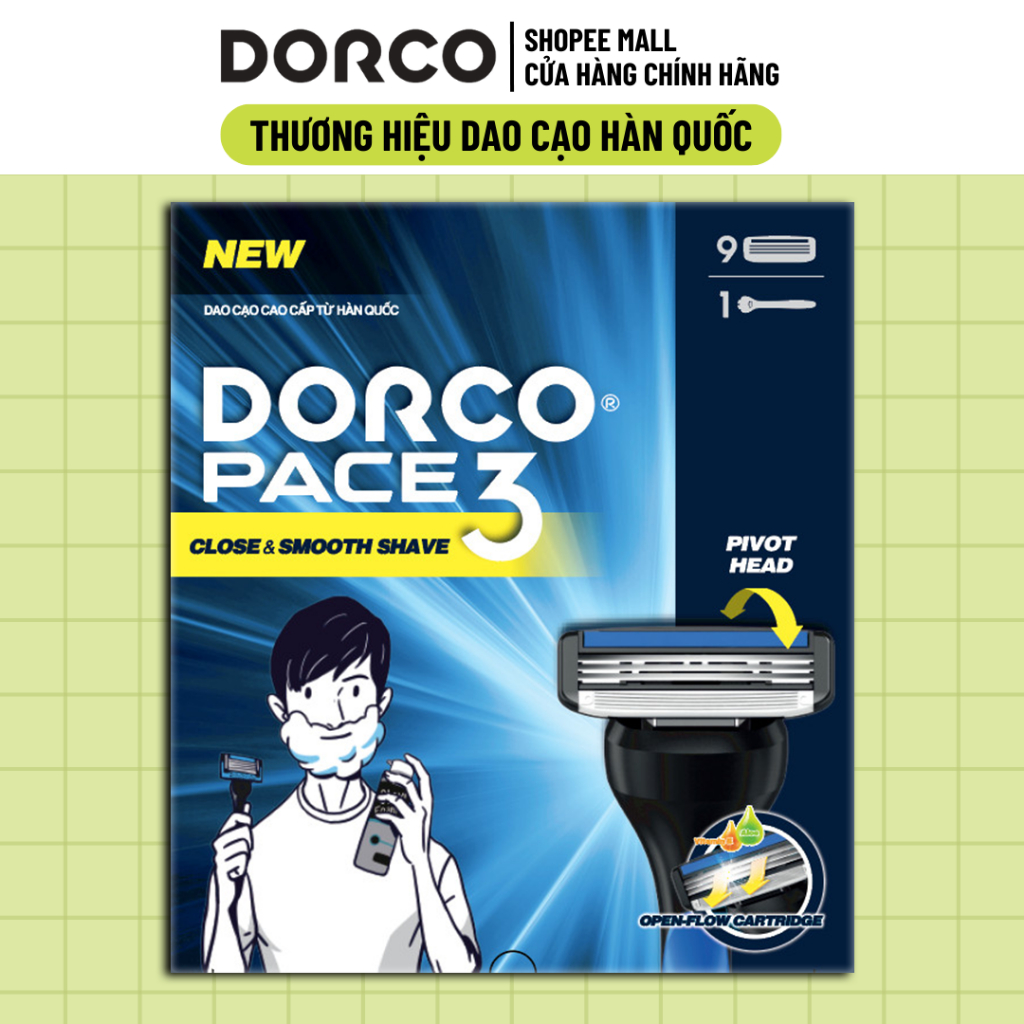 Bộ Dao Cạo Râu 3 Lưỡi Dorco Pace 3 Gồm 1 Cán 9 Đầu Cạo