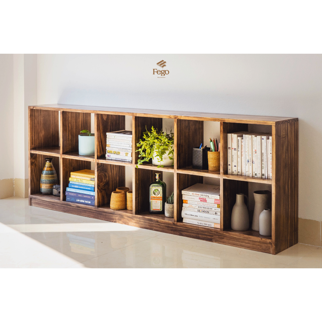 Kệ sách đa năng 12 ô vuông gỗ thông tự nhiên FEGO rộng rãi phù hợp để phòng làm việc và phòng khách