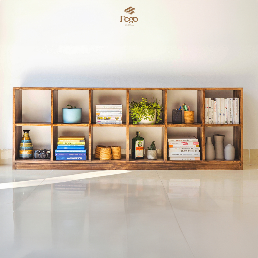 Kệ sách đa năng 12 ô vuông gỗ thông tự nhiên FEGO rộng rãi phù hợp để phòng làm việc và phòng khách