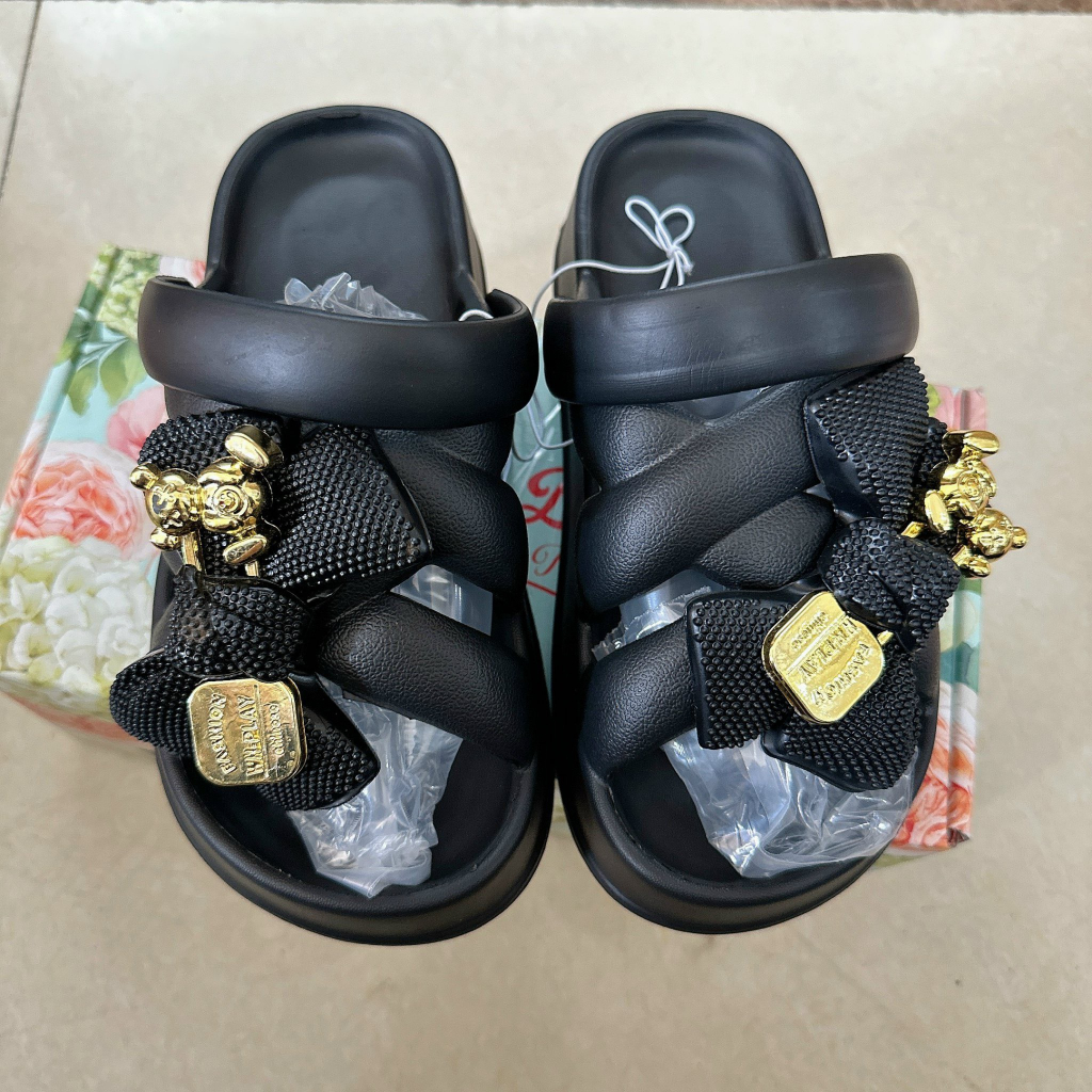 Dép bánh mì đế cao quai chéo  NƠ GẤU SẮT _TĂNG 1-SIZE