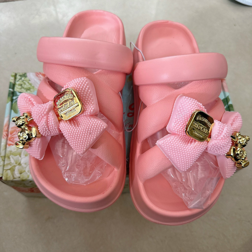 Dép bánh mì đế cao quai chéo  NƠ GẤU SẮT _TĂNG 1-SIZE