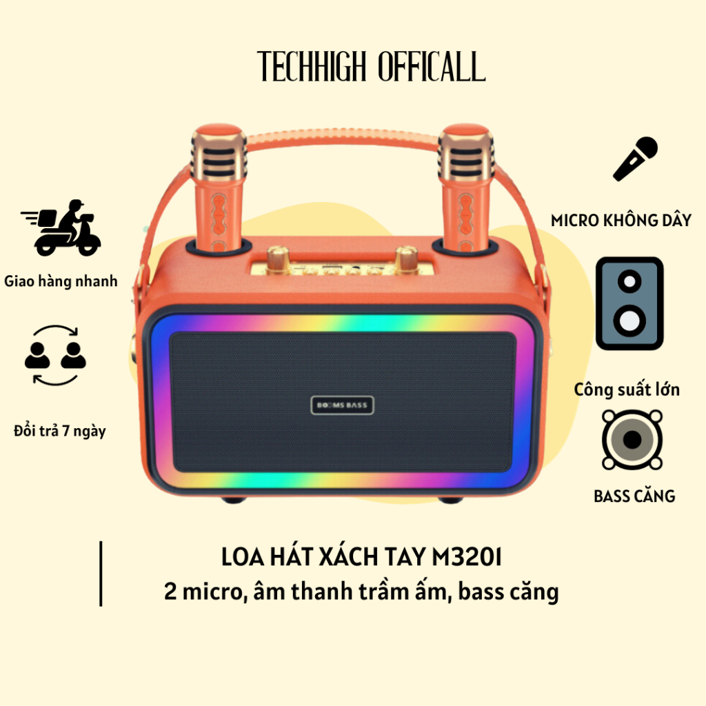 Loa Bluetooth Karaoke M3201 không dây công suất lớn kèm 2 mic không dây Led RGB nháy theo nhạc- TECHHIGH OFFICALL