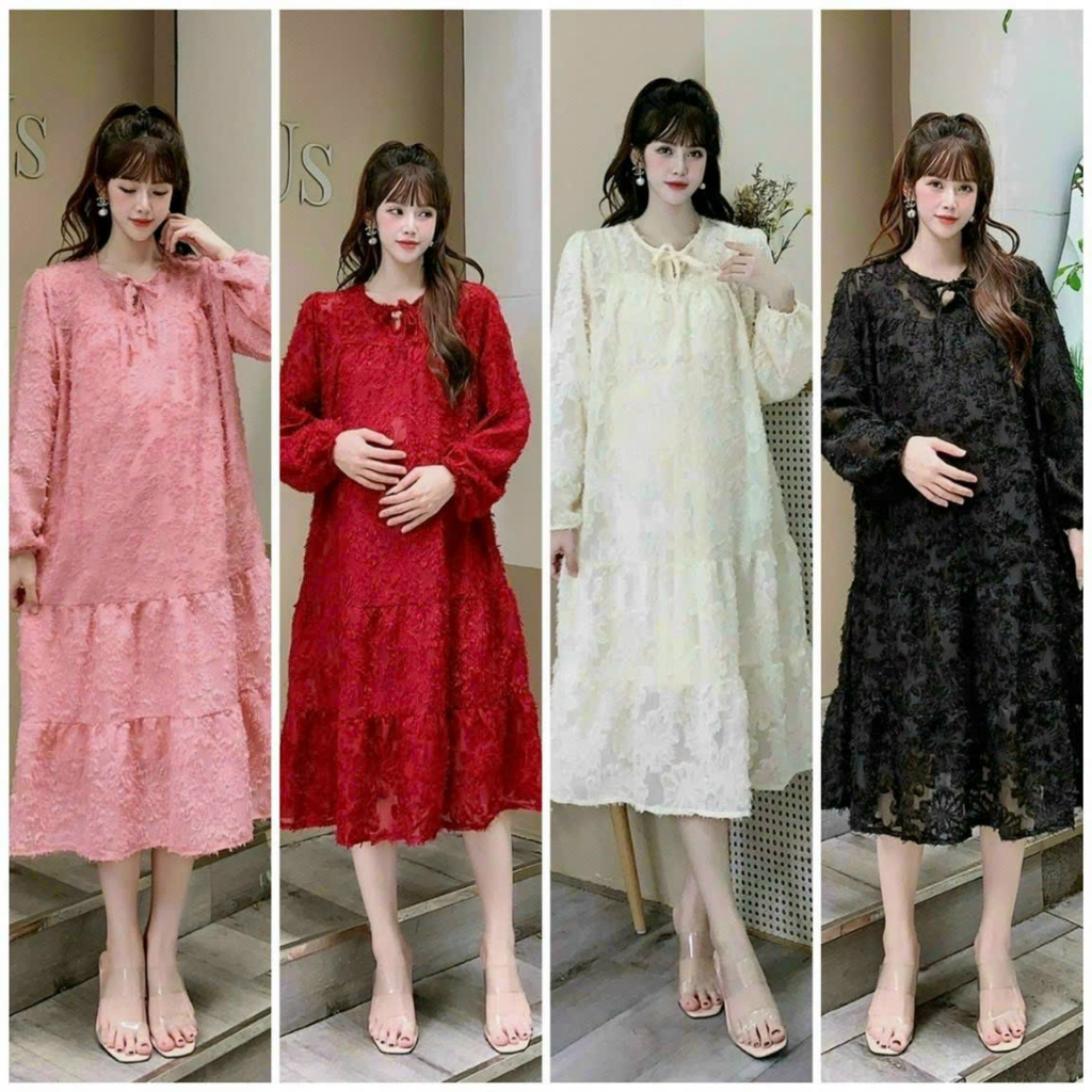 Váy Bầu Thu Đông Dự Tiệc Sang Chảnh Đầm Bầu Nhung Dài Tay Dáng Suông Mặc Đi Chơi Công Sở Đám Cưới