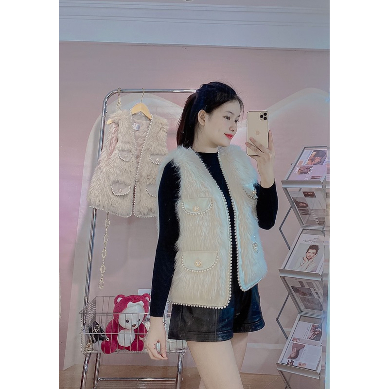 Áo gile lông viền ngọc hàng cao cấp
