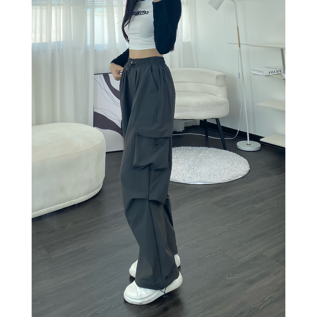 Quần Ống Rộng Unisex , Quần Dù Nam Nữ mặc Chất gió Túi Hộp Dây Rút 2023 933 P9K11