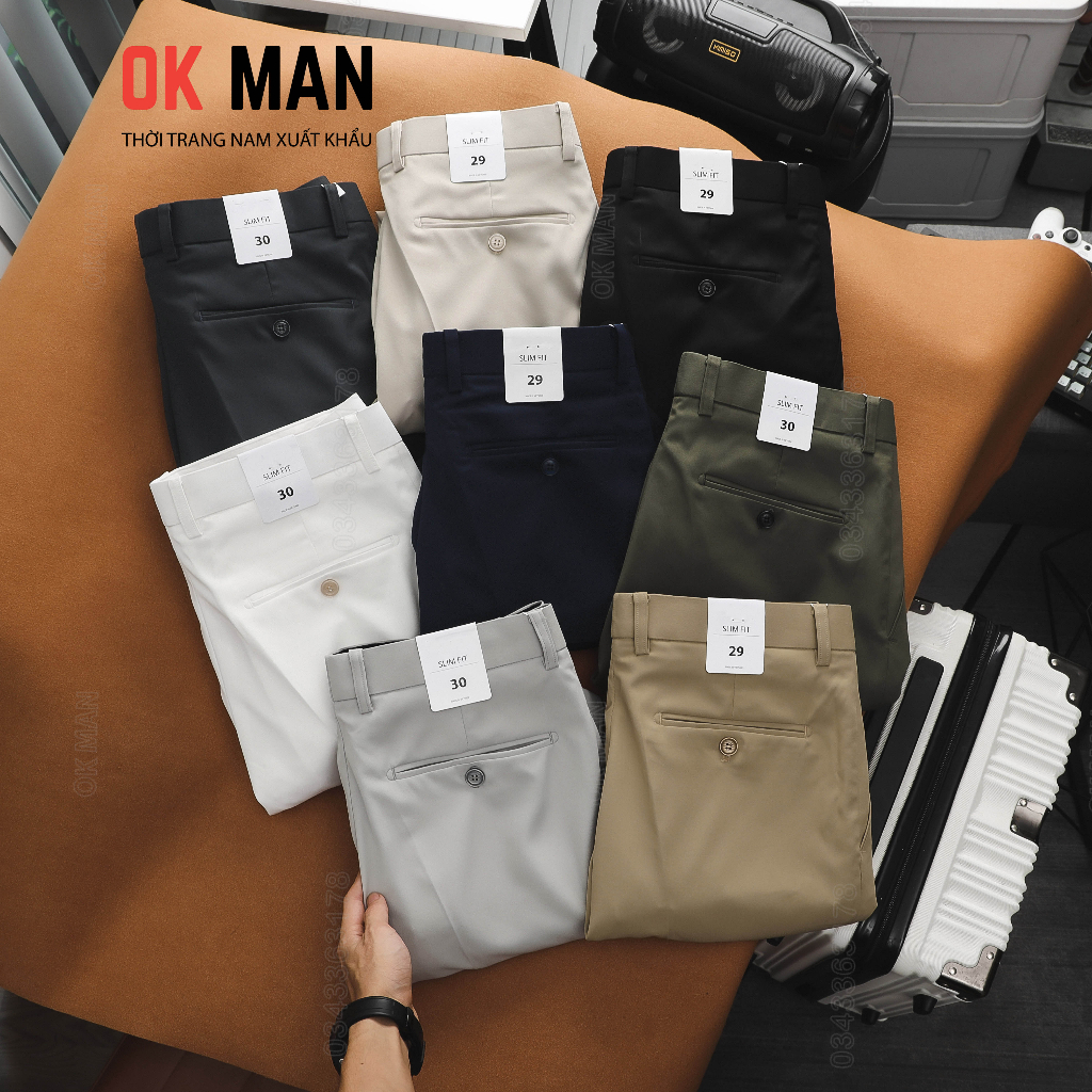 Quần âu nam form slimfit 6 màu, quần vải tây chất vải Kaki co giãn thoải mái OKMAN