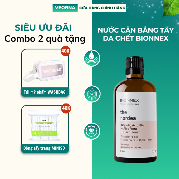 Nước Cân Bằng Làm Sáng Da, Tẩy Tế bào chết Bionnex The Nordea Glycolic Acid 8% + Aloe vera + Birch - 100ml