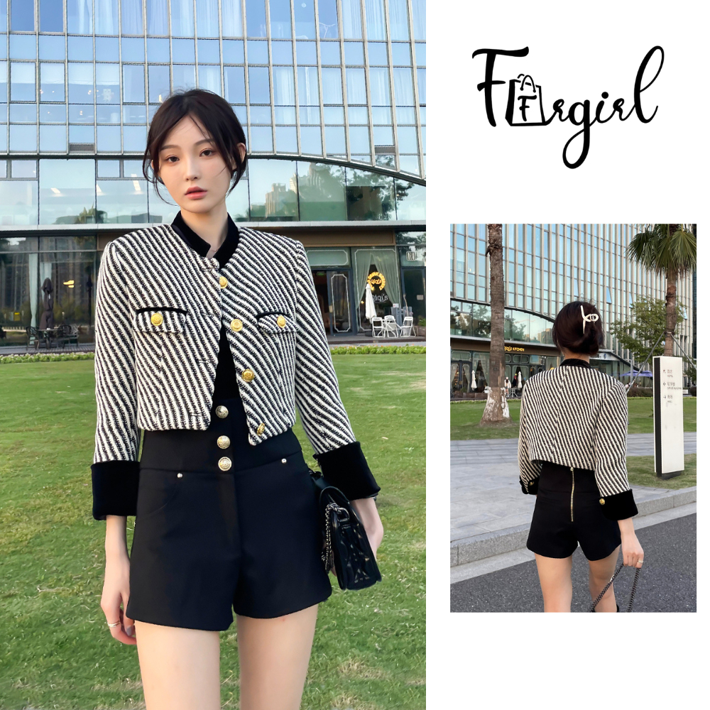 Áo dạ tweed khoác ngoài màu trắng đen Forgirl phối cúc đồng sang chảnh măc đi chơi T011