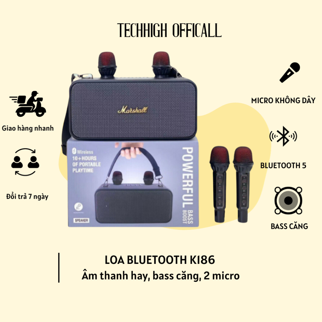 Loa bluetooth karaoke K186 kèm 2 micro không dây xách tay công xuất 20W âm thanh trầm ấm bass căng- TECHHIGH OFFICALL
