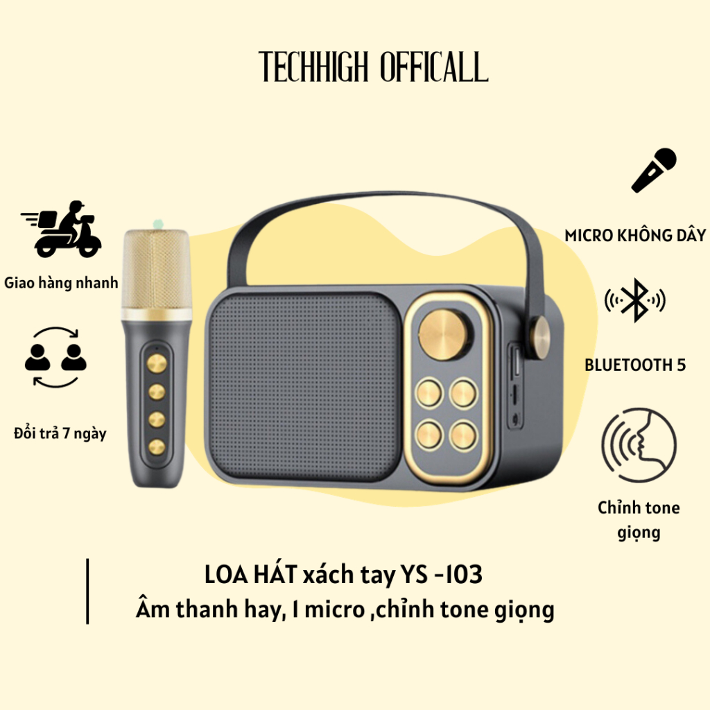 Loa Karaoke Bluetooth YS-103 Kèm 1 Micro Không Dây, Âm Thanh Siêu Hay, Thiết Kế Sang Trọng Tiện Lợi- TECHHIGH OFFICALL