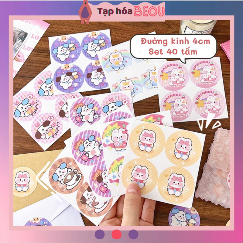 Set 40 sticker niêm phong size 4cm, nhãn dán gói hàng cute