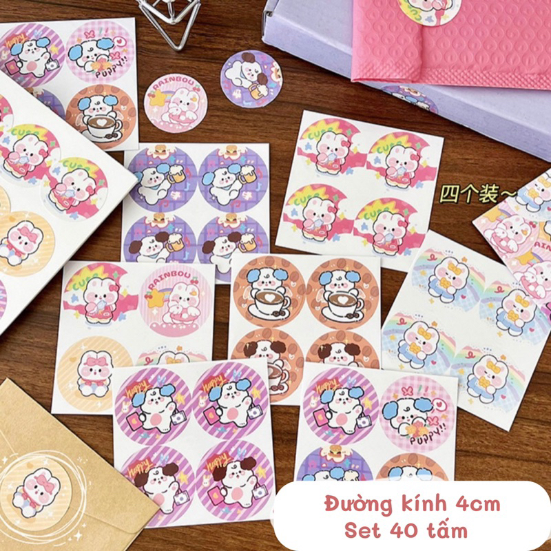 Set 40 sticker niêm phong size 4cm, nhãn dán gói hàng cute