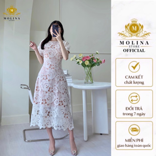 Đầm Maxi Ren Hoa Hồng Tay Ngắn Thiết Kế Molina 2 Lớp Dày Dặn Chuẩn Phom Dáng Cổ Điển Thanh Lịch