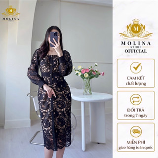 Đầm Ren Body Cổ Vuông Tay Dài Thiết Kế Molina Hai Lớp Dày Dặn Phối Túi Giả Trẻ Trung Nữ Tính, Phù Hợp Đi Làm Dạo Phố