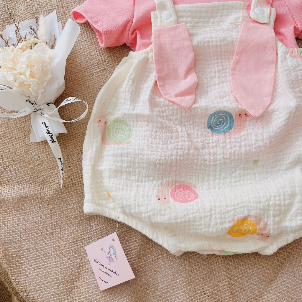 Body yếm ốc sên áo hồng kèm tuban 3-10kg,chất xô mềm Body cho bé gái sơ sinh đầy tháng thôi nôi
