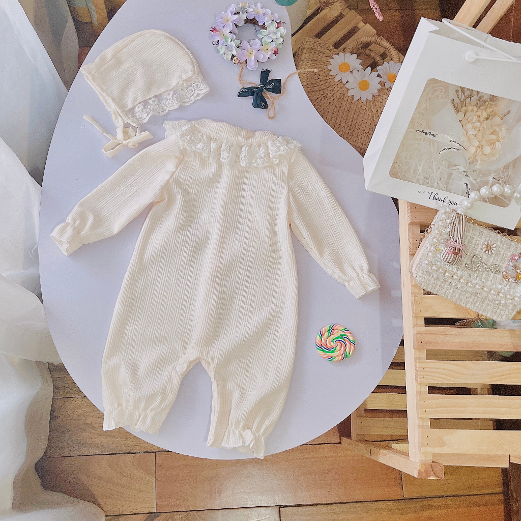 Body tăm gạo dài thân màu kem kèm mũ 3-11 kg,body thu cho bé gái chất tăm gạo mềm