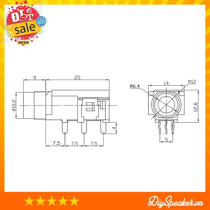 Jack micro mono 6.35mm mạ vàng, 4 chân cắm