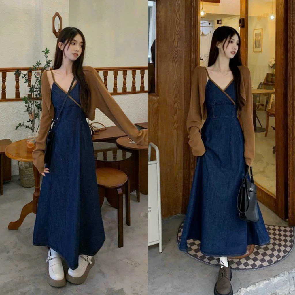 Set váy nữ jean 2 dây dáng thân dài xòe kèm áo khoác croptop cực kì xinh xắn, sang chảnh cho các nàng dự tiệc, đi biển