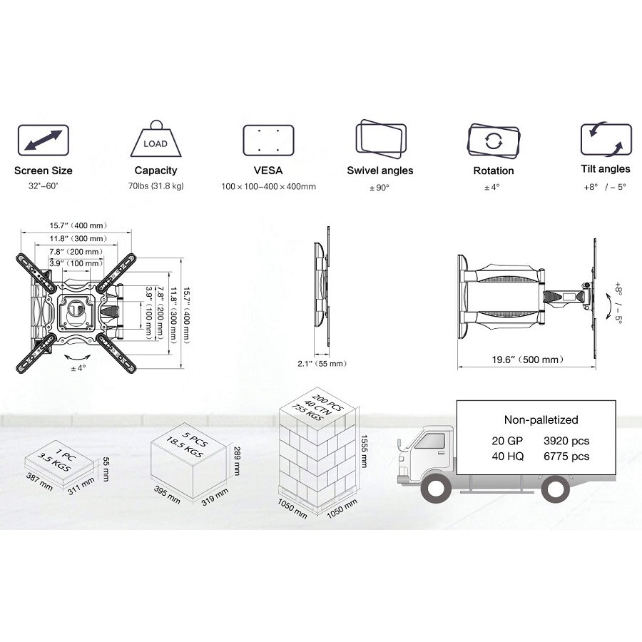 Giá Treo Tivi Xoay Đa Năng NB P40 40 - 80 Inch - Khung treo tivi chính hãng North Bayou