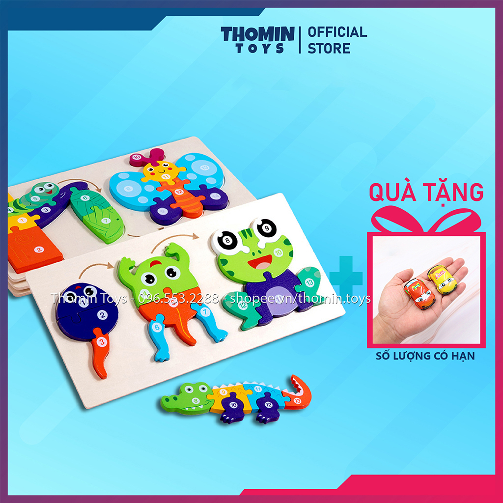 Đồ chơi Bộ tranh xếp hình, Bảng ghép hình 3D bằng gỗ vòng đời động vật, Tranh ghép hình nối số giúp bé phát triển