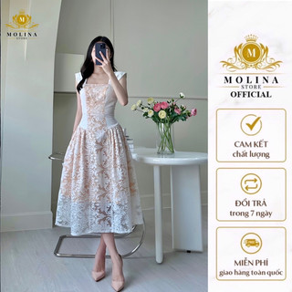 Đầm Ren Hai Dây Dáng Xòe Dài Có Lót Trong Thiết Kế Molina Đứng Form Thanh Lịch Nữ Tính, Phù Hợp Dạo Phố Đi Tiệc