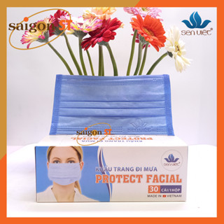 Hộp 30 cái, Khẩu trang đi mưa không thấm nước Protect Facial, khau trang y tế Sen Việt 2 lớp, kháng khuẩn, chống bụi, hợ