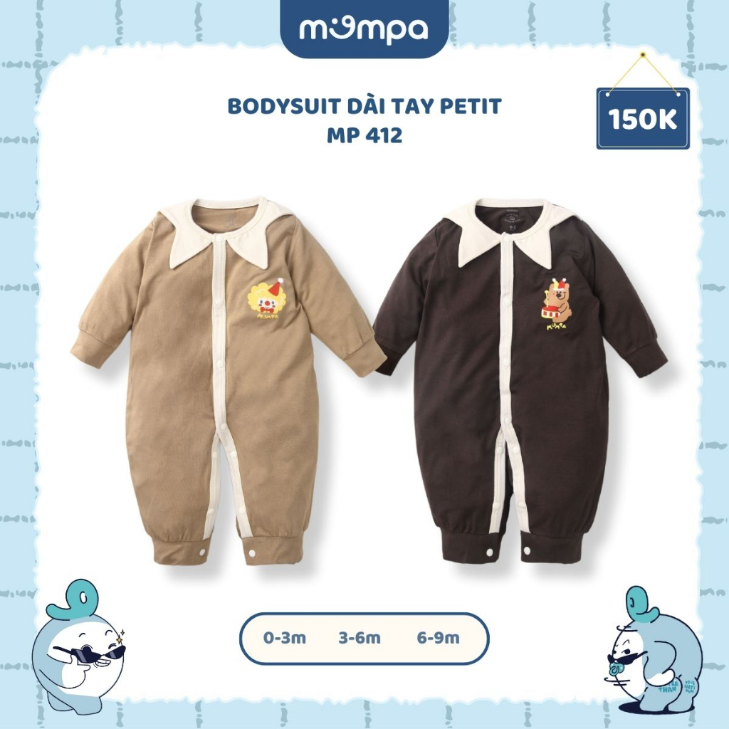 Bộ body dài tay sơ sinh Mompa cho bé 0-9 tháng vải Petit co giãn thoáng mát 412