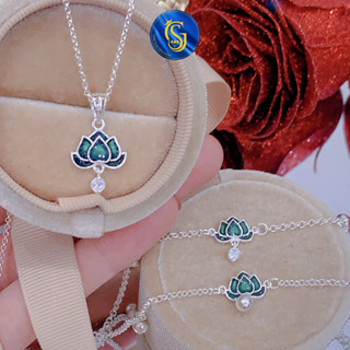 Bộ Trang Sức Bạc Nữ Hình Hoa Sen Màu Xanh Lá (Dây chuyền Kem Mặt, Lắc Tay, Lắc Chân) - GSJ - CB00001
