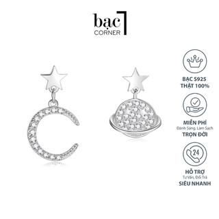 Bông Tai Bạc, Khuyên Tai Đính Đá Mặt Trăng Ngôi Sao Bất Cân Xứng Chất Liệu Bạc 100% Sáng Bóng Không Gỉ - Bạc Corner