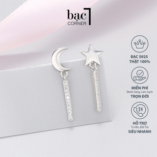 Bông Tai Bạc, Khuyên Tai Đính Đá Mặt Trăng Ngôi Sao Lấp Lánh Bất Cân Xứng Độ Dài 17mm Chất Liệu Bạc 925 Chính Hãng