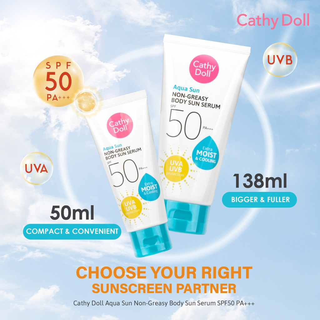 Serum Chống Nắng Cathy Doll Aqua Sun Non Greasy Body Sun SPF50 / Glow & Cover Body Makeup Sun SPF30 138ml Cathy Doll