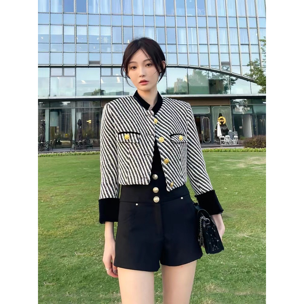 Áo dạ tweed khoác ngoài Forgirlstudio cổ tàu họa tiết kẻ sọc chéo phối tay nhung sang chảnh dáng croptop T011 | BigBuy360 - bigbuy360.vn