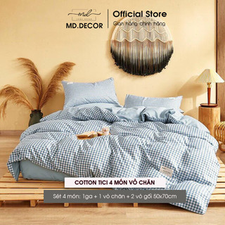 Bộ chăn ga gối Cotton Tici MD.Decor - Bedding họa tiết caro kẻ xanh dương vintage dễ dàng phối phòng ngủ M4 M6 M8