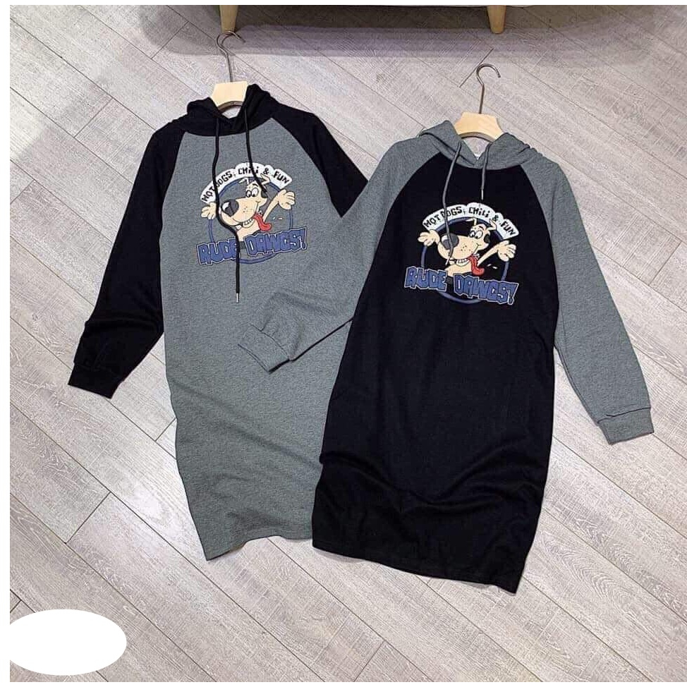 Váy nỉ hoodie dáng dài có mũ thu đông