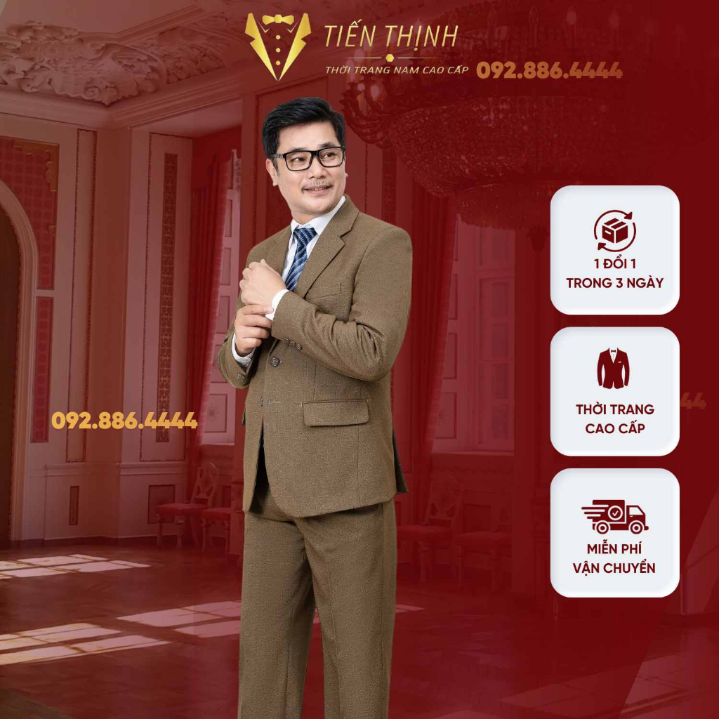Bộ Vest Nam Trung Niên Chất Liệu Vải Tuýt Si Nhập Khẩu Hàn Quốc Co Giãn Nhẹ Màu Nâu Rêu Sang Trọng Lịch Lãm