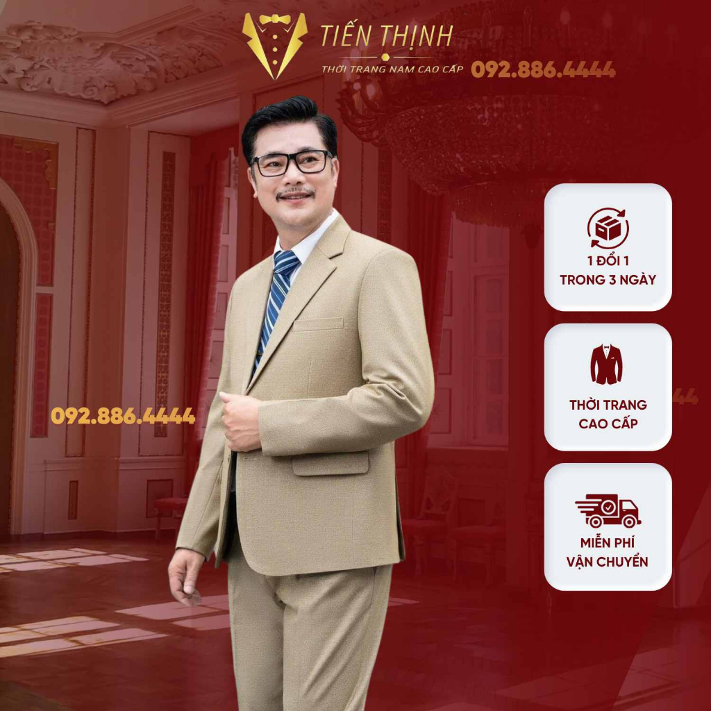 Bộ Vest Nam Trung Niên Chất Liệu Vải Tuýt Si Nhập Khẩu Hàn Quốc Co Giãn Nhẹ Màu Vàng Cát Sang Trọng Lịch Lãm