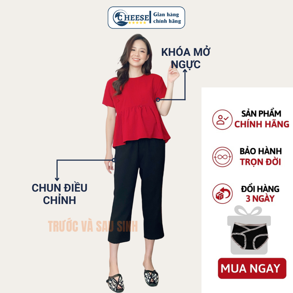 Bộ Bầu Mặc nhà và Sau Sinh chất xước nhật trai áo có Khoá Cho Con Bú và Quần Chun Chỉnh Bụng MB33