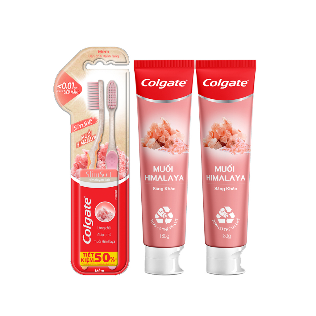 Bộ chăm sóc răng miệng Colgate: 2 Kem đánh răng 180g & 2 Bàn chải từ muối hồng Himalaya