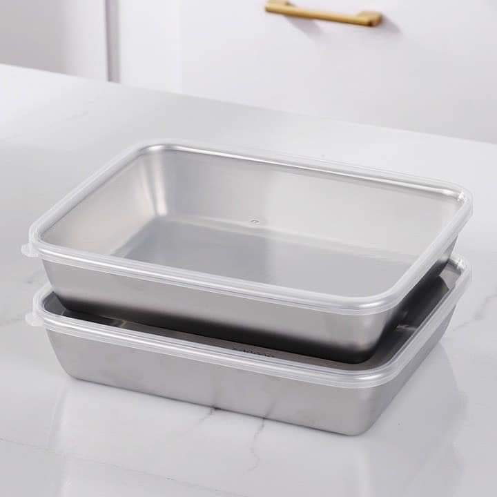 Hộp đựng thức ăn inox 304 size lớn có nắp đậy, khay inox chữ nhật đựng thực phẩm không gỉ