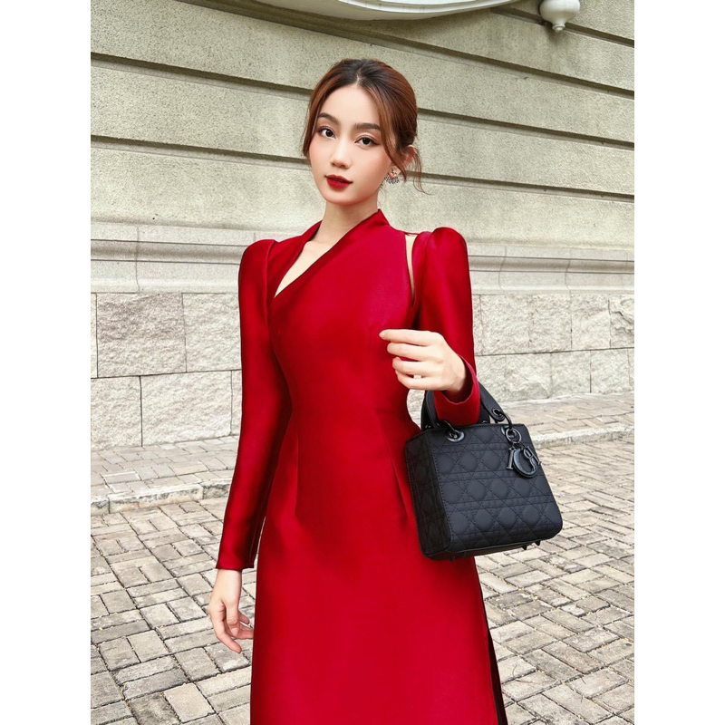 Áo dài cách tân 2 tà đỏ đô tươi đi chơi đi tiệc siêu hot