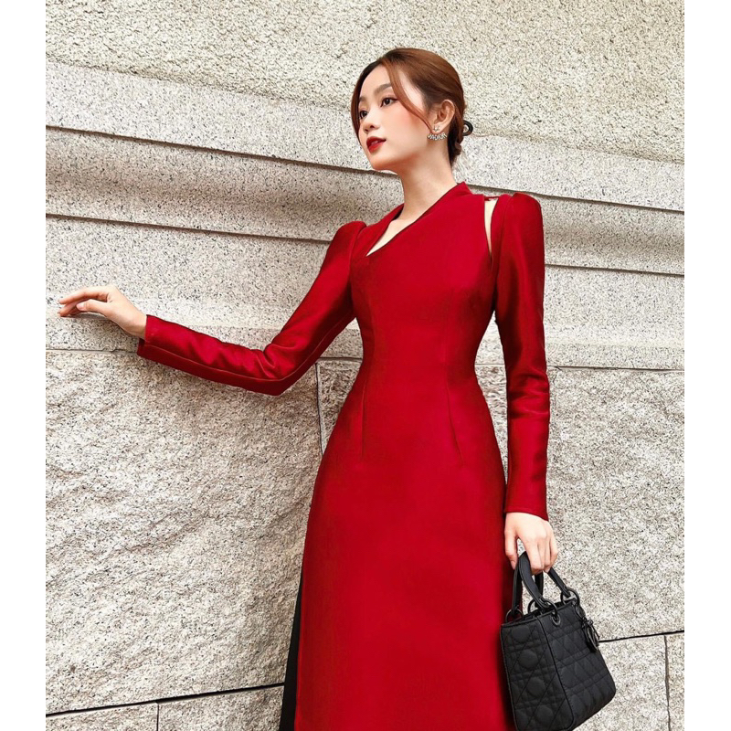 Áo dài cách tân 2 tà đỏ đô tươi đi chơi đi tiệc siêu hot